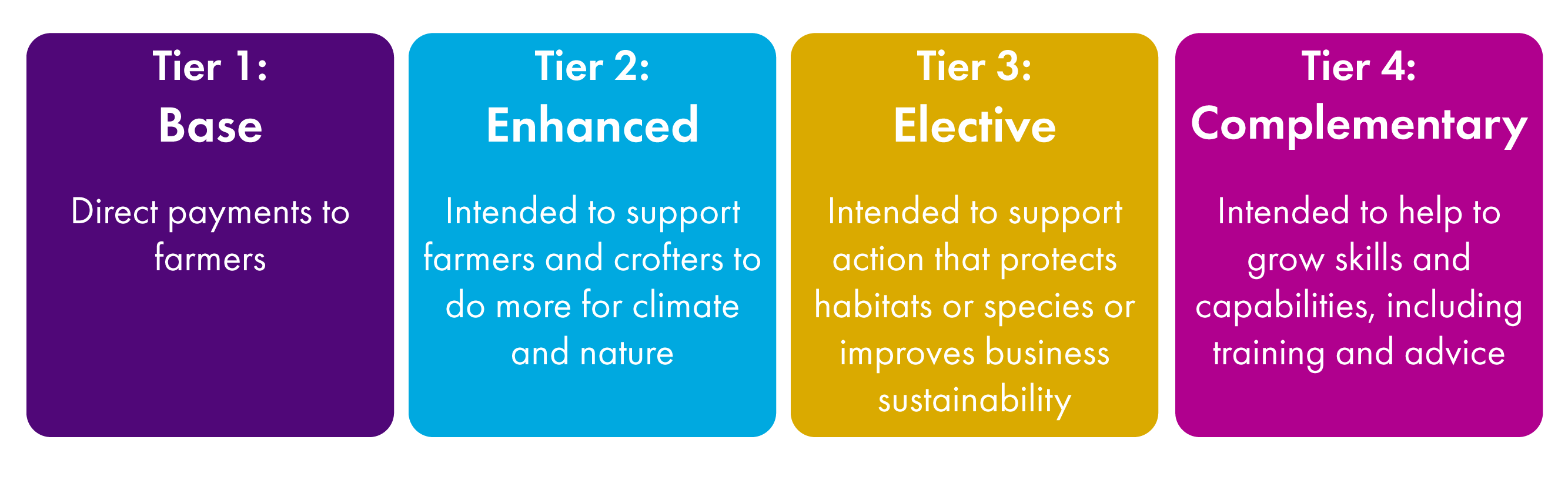 Infographic showing the four tiers of a new agricultural support framework. Tier 1 consists of a base payment for farmers, tier 2 is an enhanced payment to support farmers and crofters to do more for nature, tier 3 is an elective payment for specialist actions that improve the environment or business sustainability, and tier 4 is complementary and includes, for example, the advisory service.